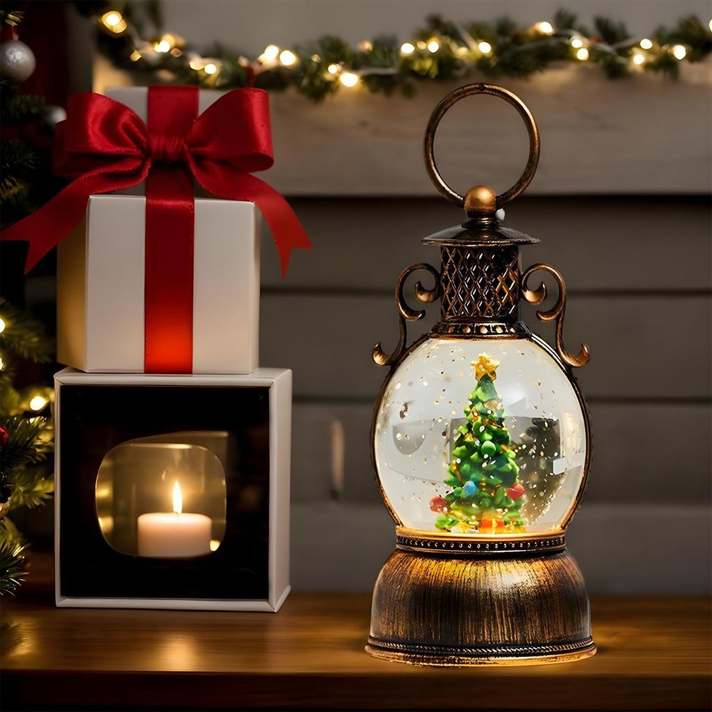 Retro Christmas Snow Globe Lantern Hand-held Christmas Snow Globe Lantern Glitter Decor USB Charging Christmas Snowball Lantern