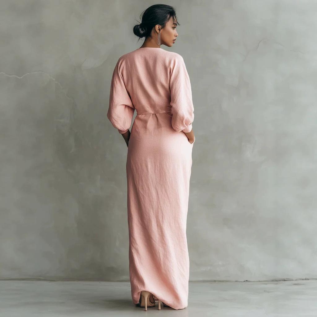 2026 European and American high-end linen wrap dress deep V bat sleeve waist pleated split fork with pocket dress