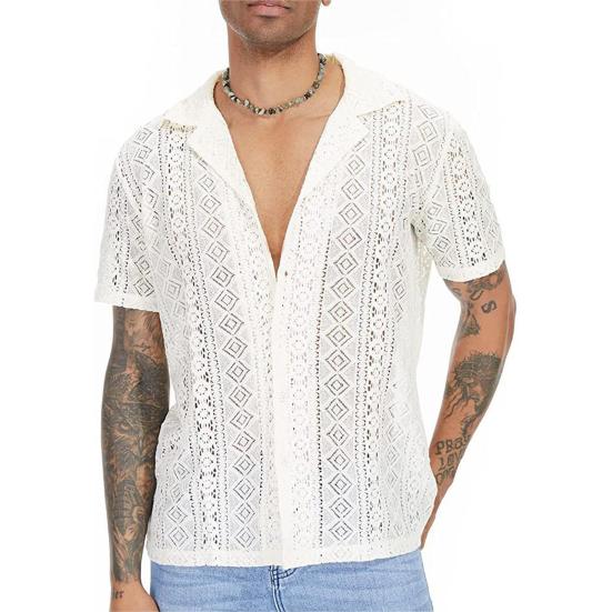 Men Summer Shirt Solid Color Hollow Out Lapel Short Sleeves Single-breasted Daily Wear Loose Breathable Men T-shirt Men Clothes