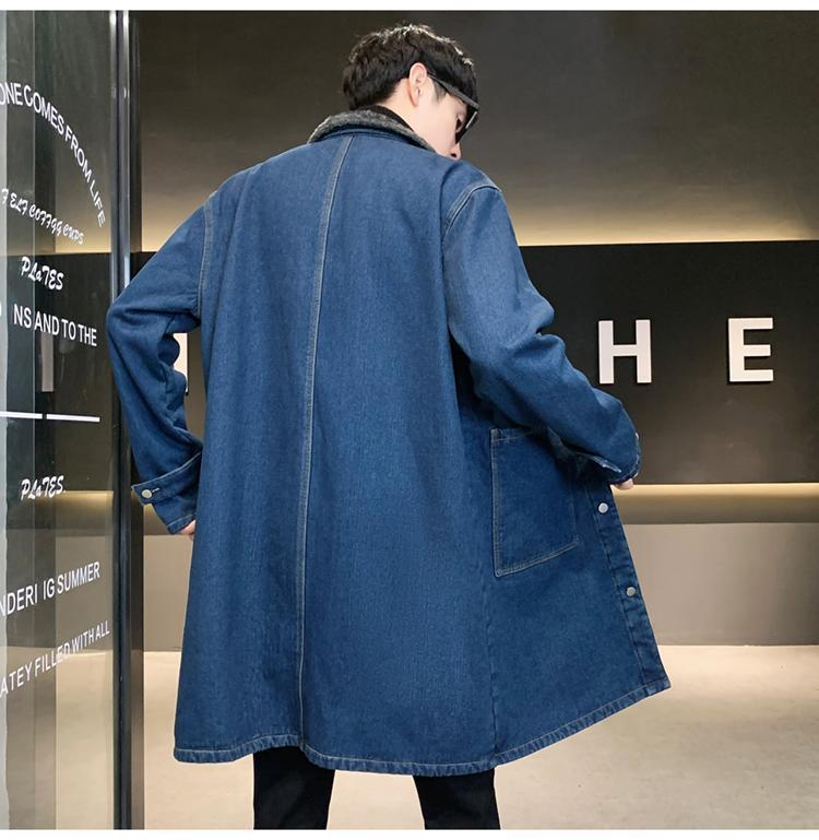Men's Mid-Length Denim Trench Coat with Lamb Wool Lining - Winter Plus Size Loose Fit