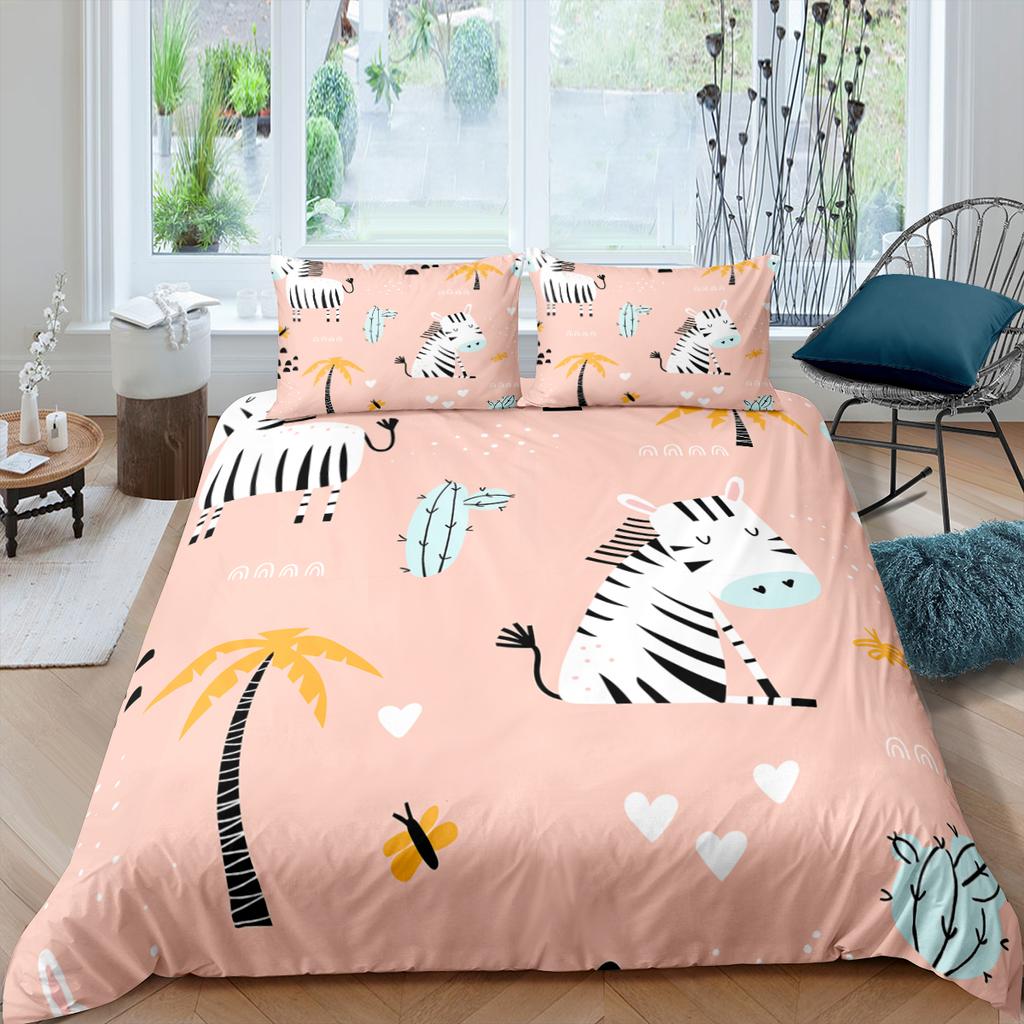 Funda Nórdica de Animales de Dibujos Animados Rey Reina Elefante Jirafa León Juego de Cama para Niños Vida Salvaje Amarillo 2/3 Piezas Funda de Colcha de Poliéster