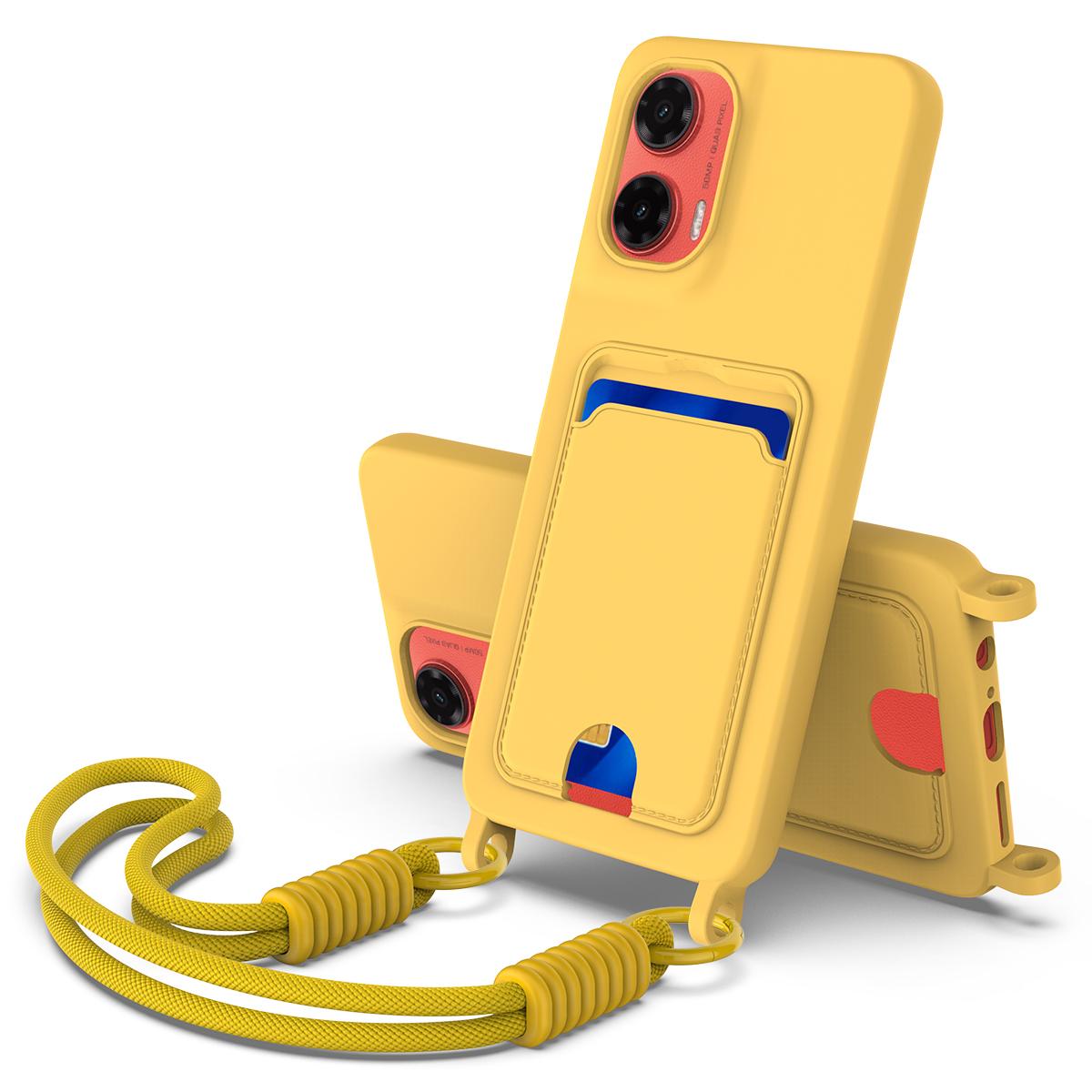 

For Motorola Moto G35 5G Liquid Silicone Case Phone Back Cover with Card Holder and Short Strap Yellow