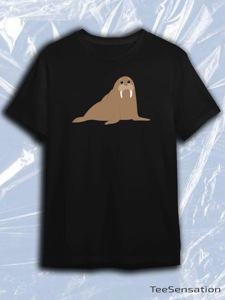 Black Crew Neck Short Sleeve T-Shirt with Cute Cartoon Walrus Illustration