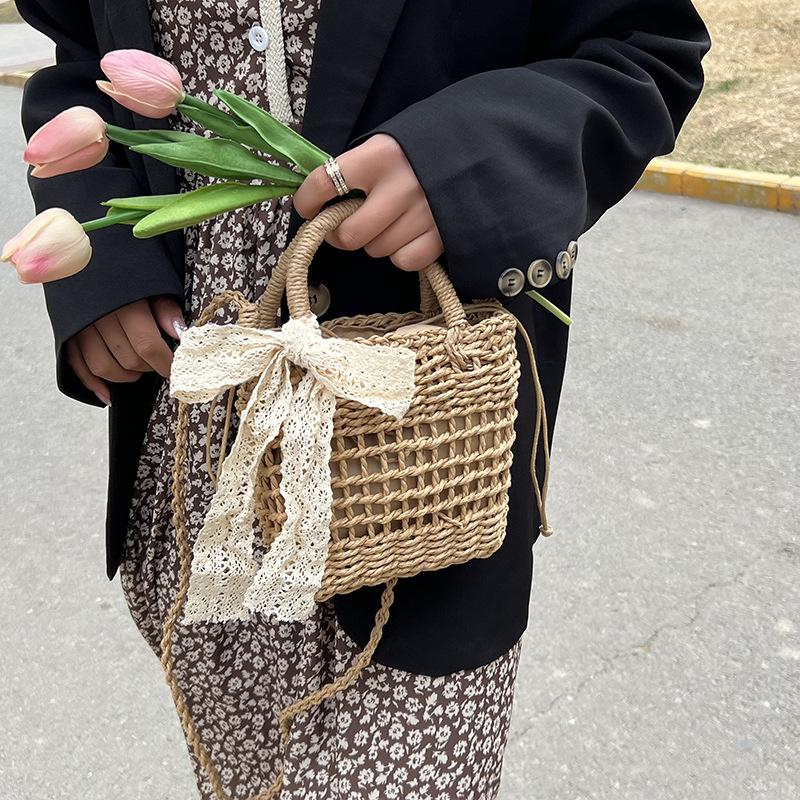 Floral Embroidery Bow Decor Straw Bag Woven Hollow Shoulder Bucket Bag Holiday Beach Bag Summer Crossbody Bag Handbag CLE