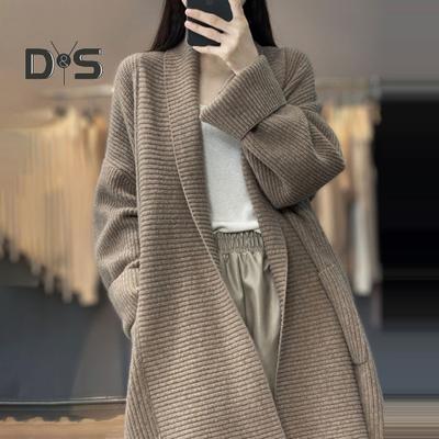 Maglione da donna, cappotto, bavero, manica lunga, aperto sul davanti, cardigan in maglia con grandi tasche, tinta unita, vestibilità ampia, lunghezza media