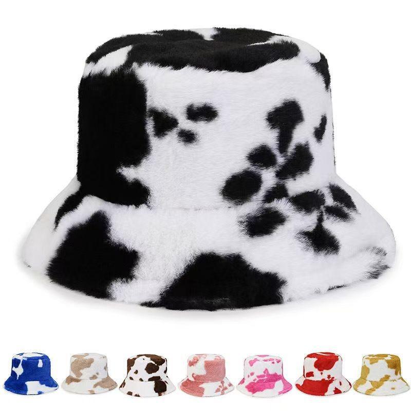 Black and white cow pattern bucket hat autumn and winter plush warm shopping versatile basin hat
