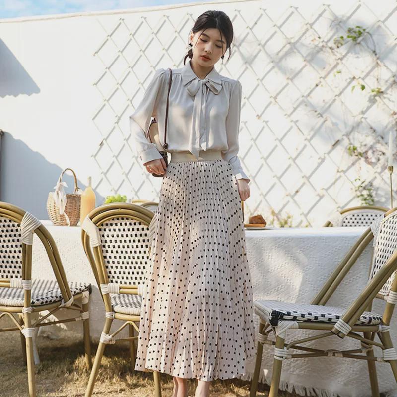 Retro Hong Kong Polka Dot Patchwork Midi Skirt: Elastic Waist, Irregular A-Line, Versatile Pleated Skirt for Women