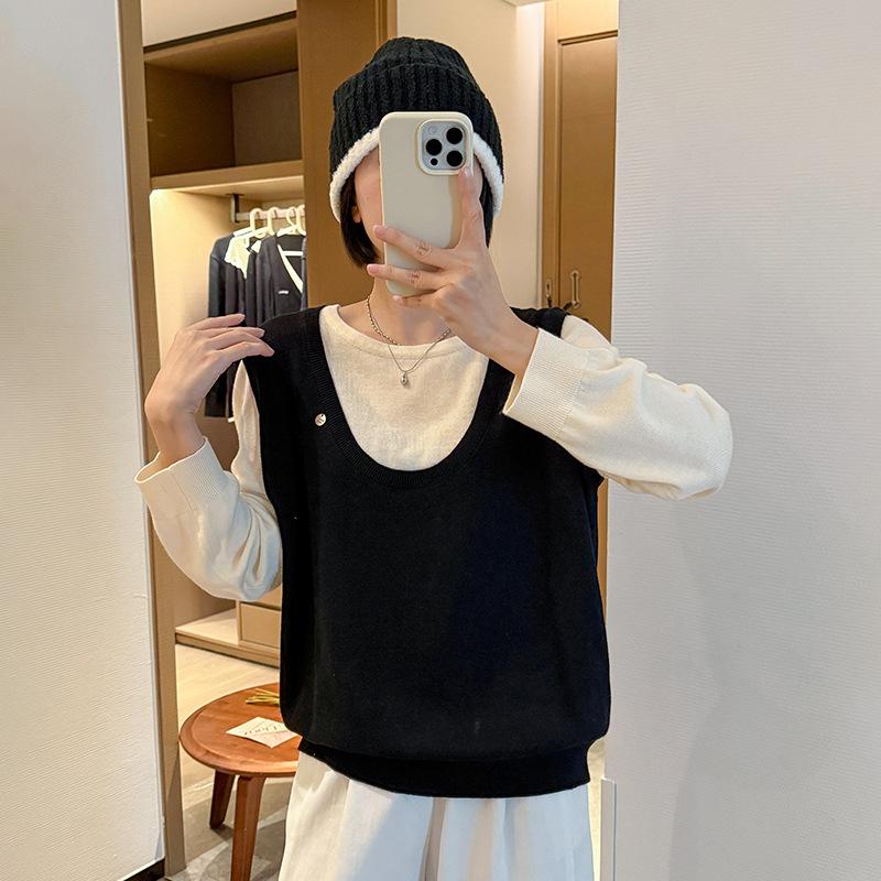Plus Size Women Fake Two Piece Round Neck Knitted Pullover Sweater