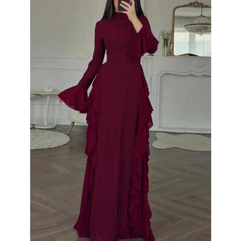 European American Women s Elegant Casual High-Waisted Solid-Colour Bell-Sleeve Dress Long Dress Long Sleeves S