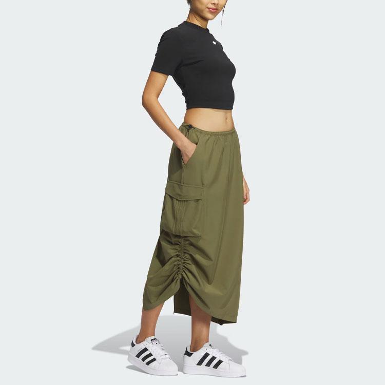 Adidas Originals Three Stripes Cargo Skirt Solid Logo Long Sports Casual Skirt Women Skirts Dark-Olive-Green IY9494