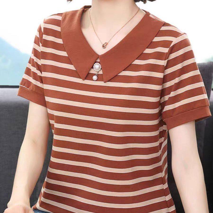 Summer Striped Short-sleeved T-shirt Women's 2025 New Middle-aged Women's Large-size Undershirt Lapel Loose Top