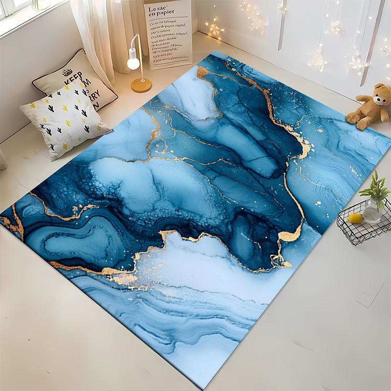 Blue and Gold Marble Pattern Abstract Rug Non-slip Rug Suitable for Living Room and Bedroom Sofas.