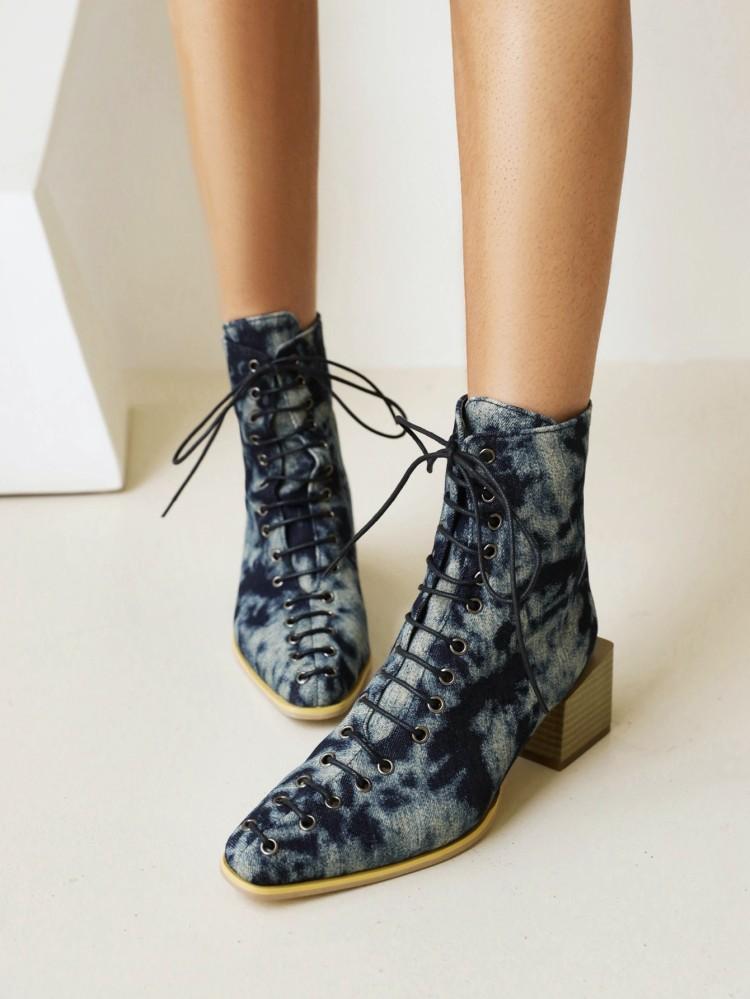 

Европейский и американский стиль, маленькая квадратная головка, шнуровка спереди, китайские и короткие женские ботинки 38 синий