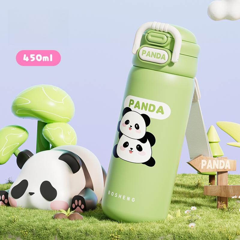Edelstahl Thermobecher niedlicher Panda Strohhalm Wasserbecher Kinder und Studenten doppelter elastischer Deckel Tide Play Sportwasserbecher