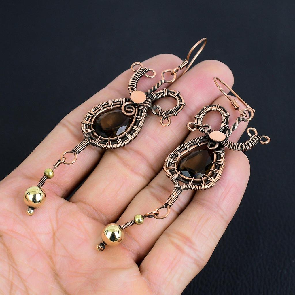 Rauchquarz Ohrringe Edelstein Schmuck, 999 Kupferdraht Gewickelte Handgemachte Ohrringe, Neuestes Design Schmuck