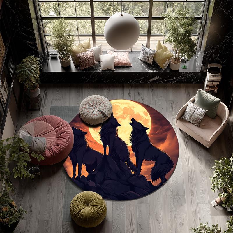 Moon Wolf,Round Area Rug,Carpet Rug for Living Room Bedroom Sofa Playroom Decor,Non-slip Floor Mat