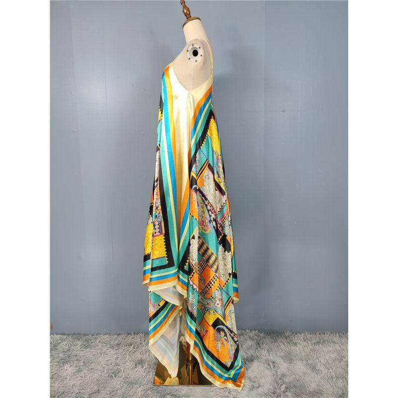 Foreign Trade Retro Personality Elegant Production Loose Sling Exquisite Print Irregular Vacation Smooth Fabric Dress