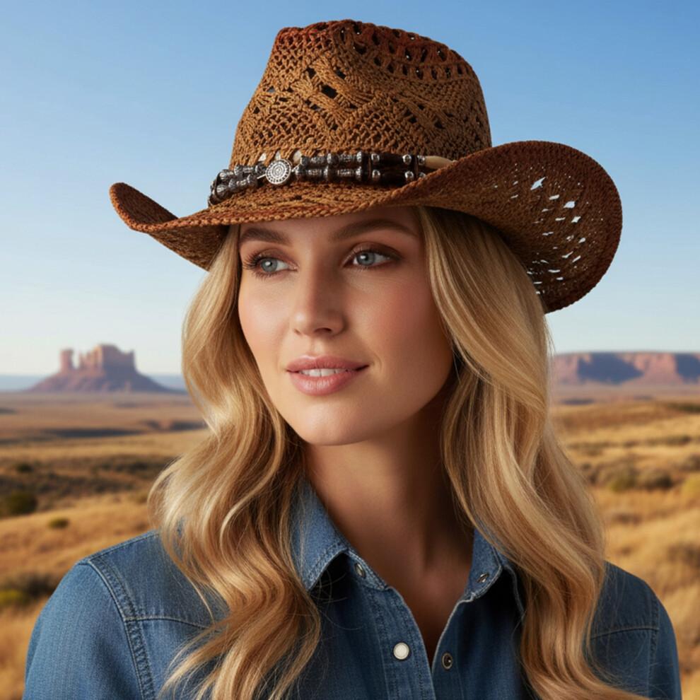 (L, Colorful) Cowgirl Hats for Women Men Outdoor Western Hat Wide Brim Straw Sun Hat with Beaded Ropes
