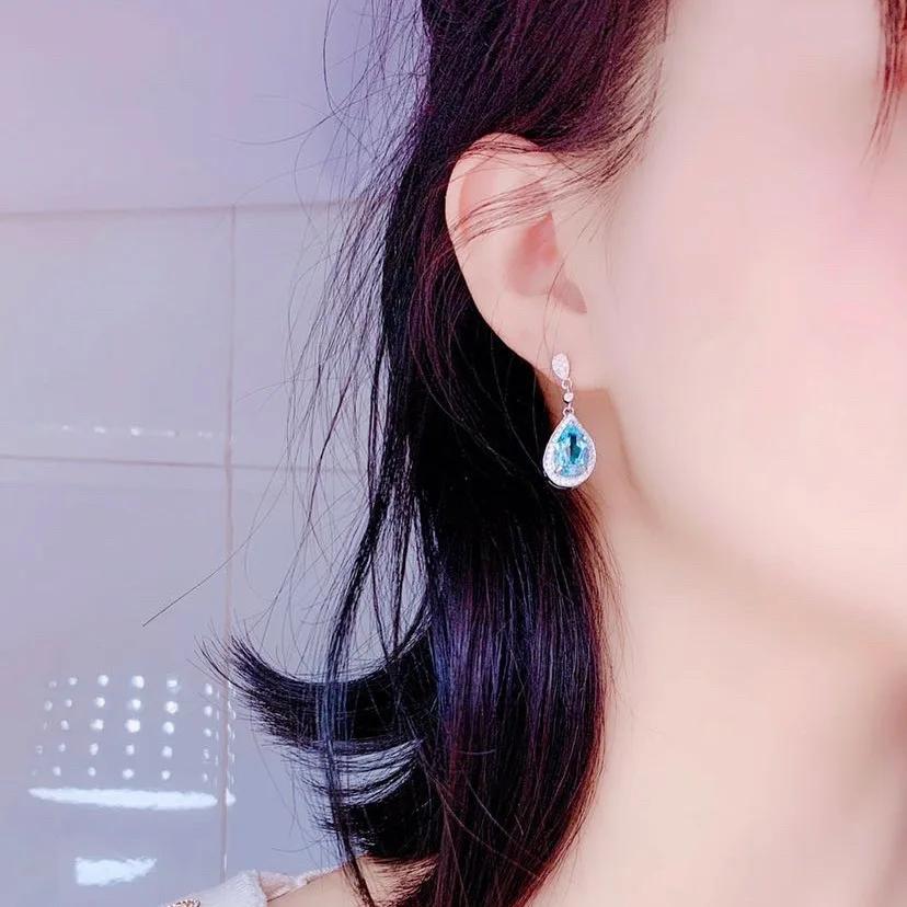 Natural Topaz Hoop Earrings Female Bule Stone Sterling Silver 925 Earrings for Women Big Topaz Earrings Valentiner's Day Gift