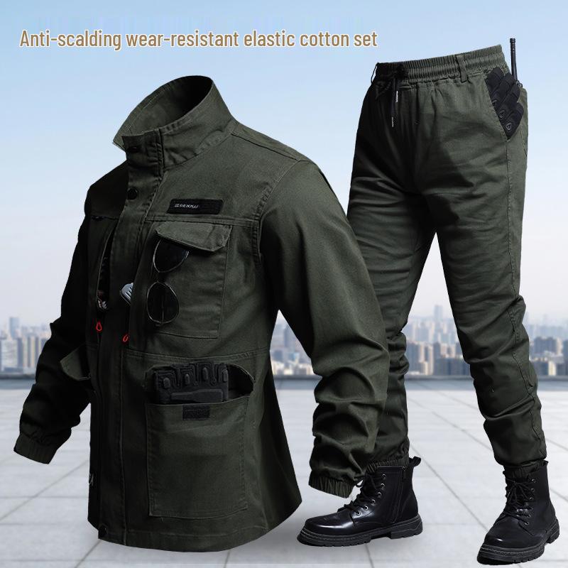Unisex Elastic Workwear Set, Camouflage, Cotton Thread, Ideal for Welding, Auto Repair, Anti-Scald, Wear-Resistant, Labor Protective.