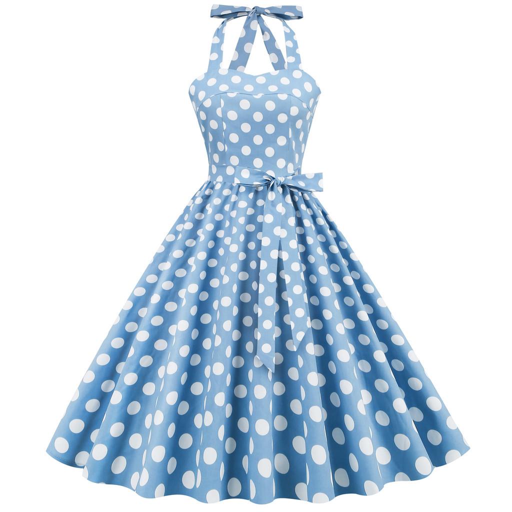 Vintage Polka Dot Cotton Dress With Tie Back And Offshoulder Design For Women