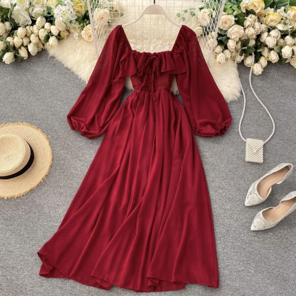 Весенняя женская шифоновая юбка с квадратным вырезом и пышными рукавами во французском — фото 8