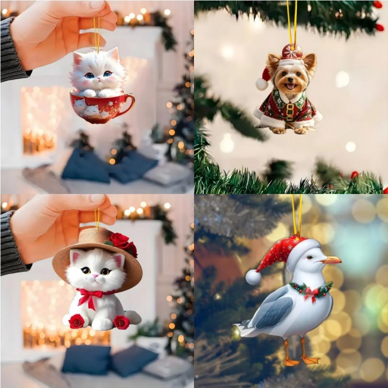 2D Christmas Tree Pendant 2D Flat Acrylic Xmas Tree Hanging Ornaments Cartoon Home Decor New Year Christmas Gifts