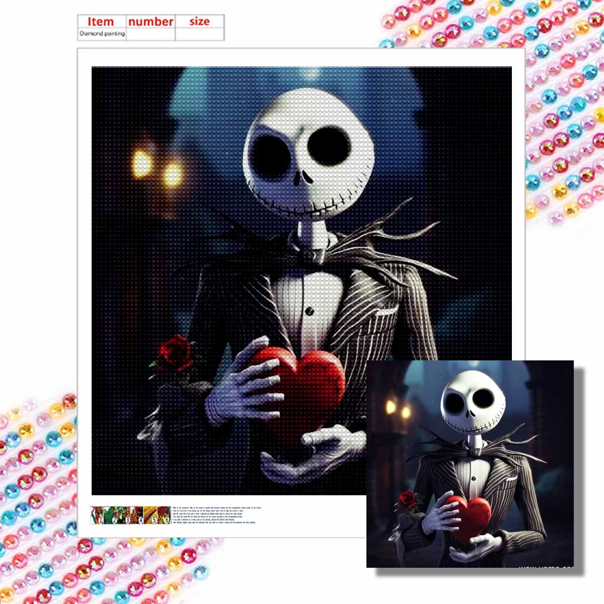 

5D DIY Diamond Painting Decorative Skeleton Love Full Round Drill Scenery Diamond Embroidery Cross Stitch Kits Home Decor Gift Round 20x20cm