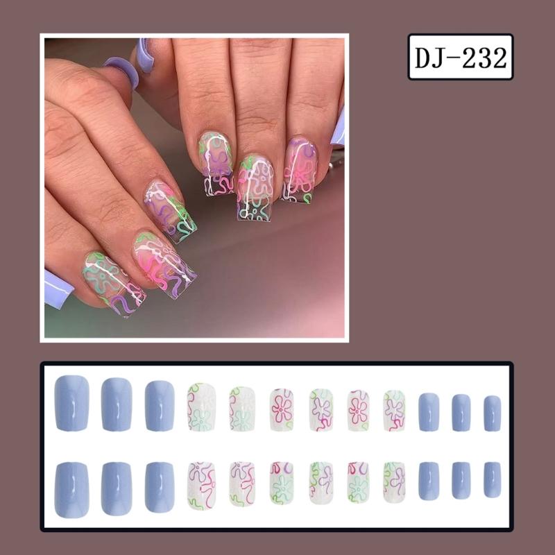 Unghii pătrate presate cu flori, unghii false adezive în 12 mărimi, 24 buc. tipsuri unghii french pentru decorațiuni nail art DIY
