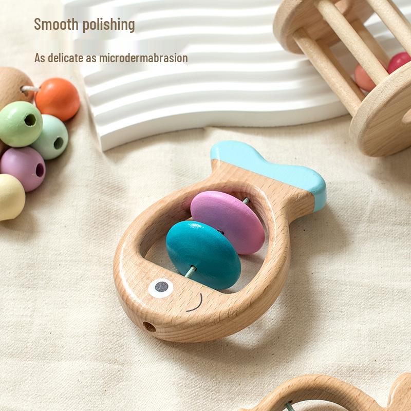 Colorful Wooden Baby Rattle Set: 5-Piece Musical Crib Mobile for Early Education and Soothing