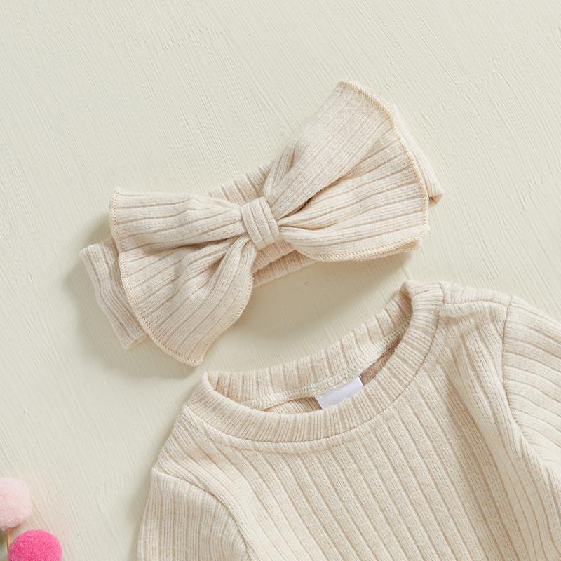 Citgeett Autumn Infant Baby Girls Bodysuit Solid Color Knit Long Sleeve Jumpsuits Fall Winter Clothes Headband