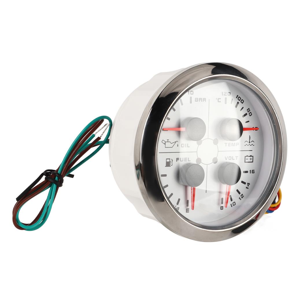 4in1 85mm Guage Multifunction Fuel Level Oil Pressure Water Temp Volt Meter DC 9‑32V for Car RV Boat Motorcycle White