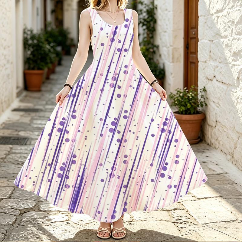 White Base Purple Pink Diagonal Brush Stripe Polka Dot Print Sleeveless Round Neck Maxi Dress, Loose Flowy Beach Vacation Long Dress For Women