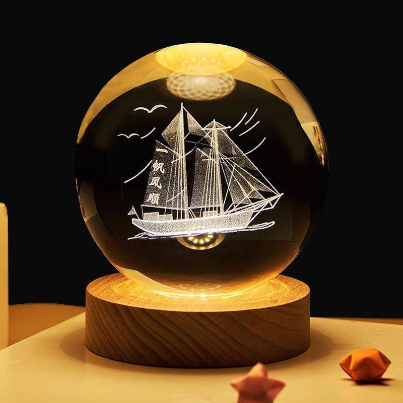 8cm Crystal Ball Night Light Galaxy 3D Laser Engraved Ornament Wooden Galaxy Night Lamp