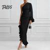 Talos Women's One Shoulder Asymmetric Ruffle Satin Dress, Formal Evening Party Gown, Long Sleeve Ruched Bridesmaid Dress