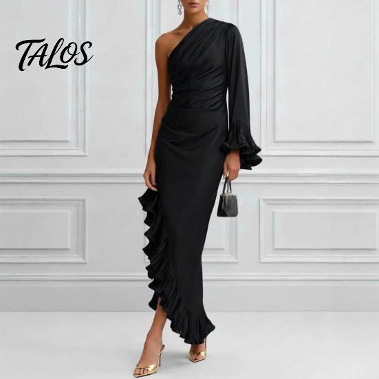Talos Women's One Shoulder Asymmetric Ruffle Satin Dress, Formal Evening Party Gown, Long Sleeve Ruched Bridesmaid Dress