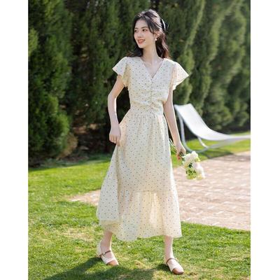 Mokana Polka Dot Flutter Sleeve A-Line Midi Dress