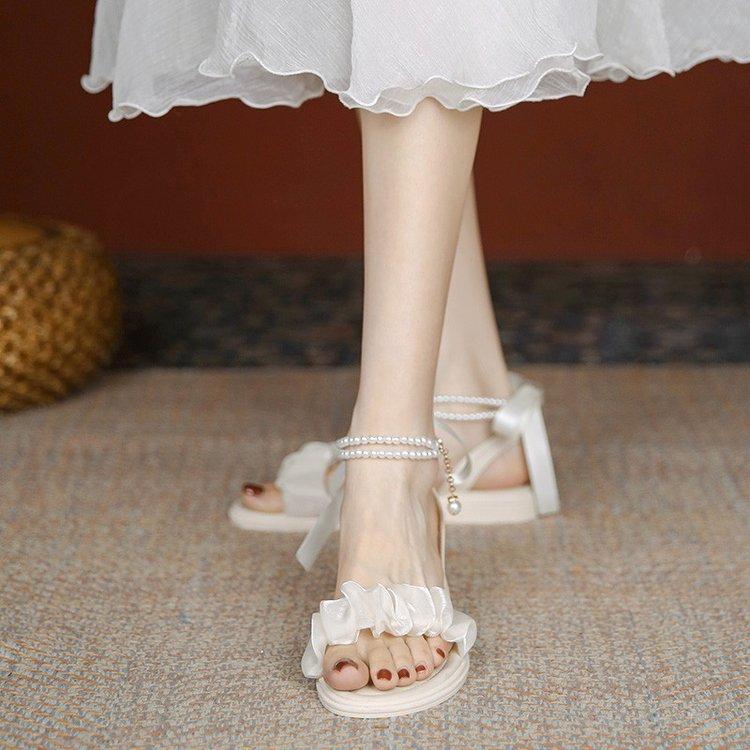 2025 Summer New Versatile Non-slip Fairy Style with Skirt One-word Belt Sandals Pearl Chain Fashionable Flat Female