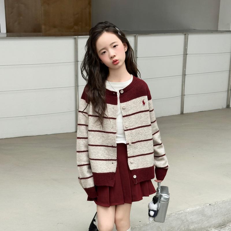 2025 Girls' Striped Knit Cardigan Sweater - Trendy Spring & Autumn Fashion for Big Children