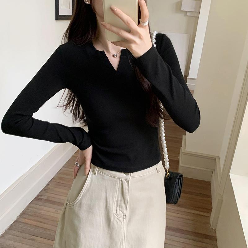 

Футболка с длинными рукавами и полуоткрытым воротником Temperament для женщин, утягивающая базовая рубашка для начала осени, простая со всем верхом XL