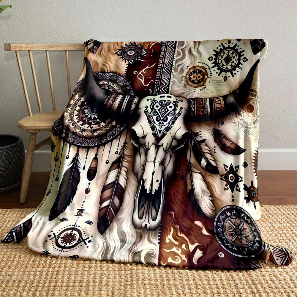 Bohemian Cow Skull Blanket Bedroom Blanket for Livingroom Couch Lunch Break Soft Throw for Friend's Festival Gift