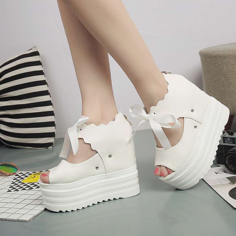 2025 Summer Bow Korean Version of the New Super High Heel Wedge Thick Sole Inner Height Increase and Thin Hollow Fish Mouth Sandals Women