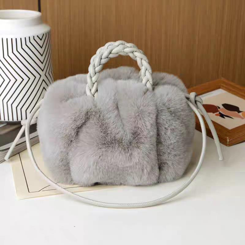 Women's Fashionable Versatile Faux Rabbit Fur Pumpkin Handbag & Crossbody Bag