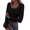 Women's U Neck Long Sleeve Tee Slim Fit Casual Ribbed Knit Solid Color Spring Basic Top
