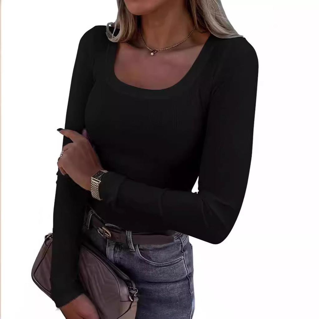 Women's U Neck Long Sleeve Tee Slim Fit Casual Ribbed Knit Solid Color Spring Basic Top