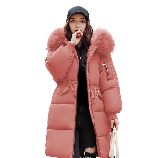 Women Winter Jacket with Furry Hood Thickened Padded Down Coat Drawstring Waist Zipper Closure Mid Length Windproof Cold Weather Cotton Coat