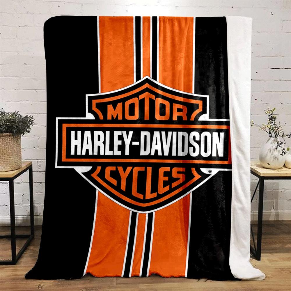 Bold Orange Vertical Stripes with a Harley-Davidson Logo On a Black Background. for All Seasons Blanket Lunch Break Throw Gift