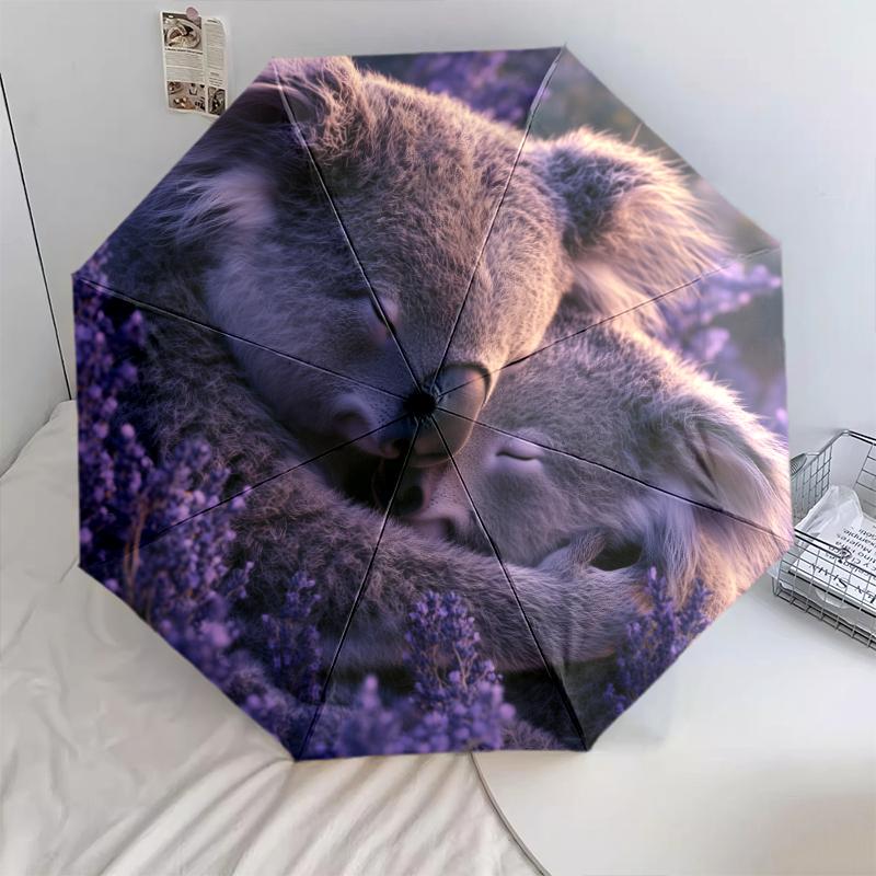 Fantasia koala e fiori, ombrello pieghevole automatico, design portatile e pieghevole, 8 stecche, un regalo di Natale o di compleanno.