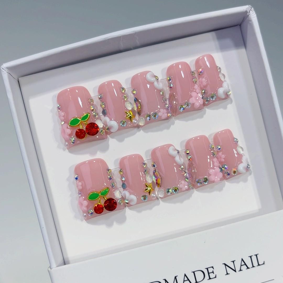 European Bestselling Handmade Press-On Nails with Cherry & Diamond 3D Design Small