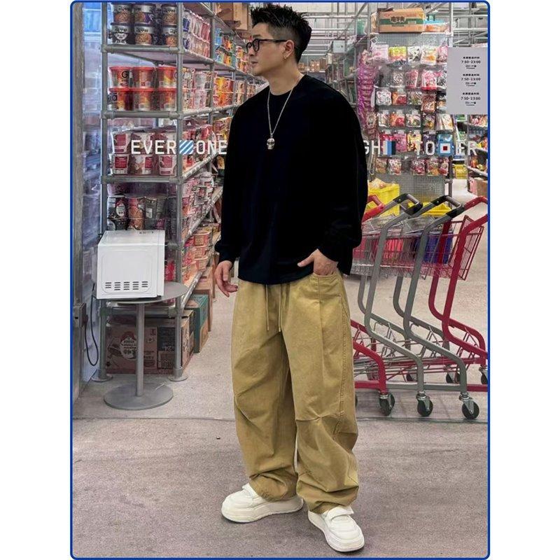 Spring and Autumn Retro Men's Clothing Street Casual Versatile Loose Cotton Straight Solid Color Loose Pants Casual Pants